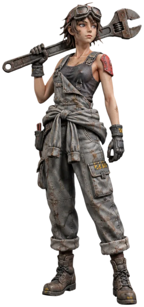 Juno Arkwright, figur montir dengan overall abu dan kunci pas besar, berdiri di telapak tangan Halo-9