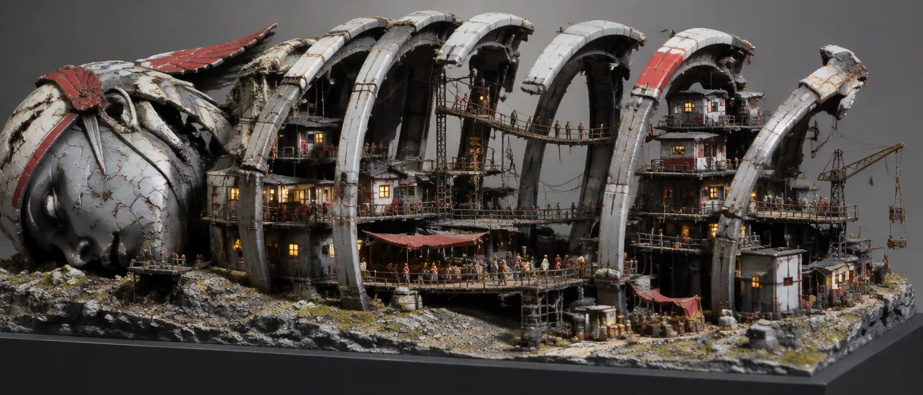 Diorama Ribhaven: rumah bertingkat, jembatan tali, dan kerumunan figur kecil di dalam rusuk raksasa Seraph yang kepalanya tergeletak di kiri
