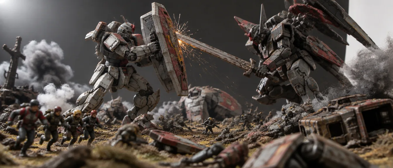 Diorama pertempuran: Halo-9 menahan pedang Seraph merah gelap dengan perisai, percikan api kawat, dan party pilot berlari di depan kiri